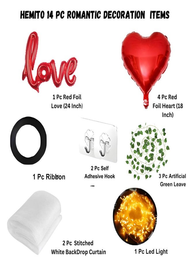 Hemito 14 Pc Happy Anniversary Decoration Items Kit - Red Love Back Drop Net Curtain for Decoration Led Light with Red Foil Heart| Tent Romantic Party Decoration Set| Anniversary Decoration for Couple - Image 2